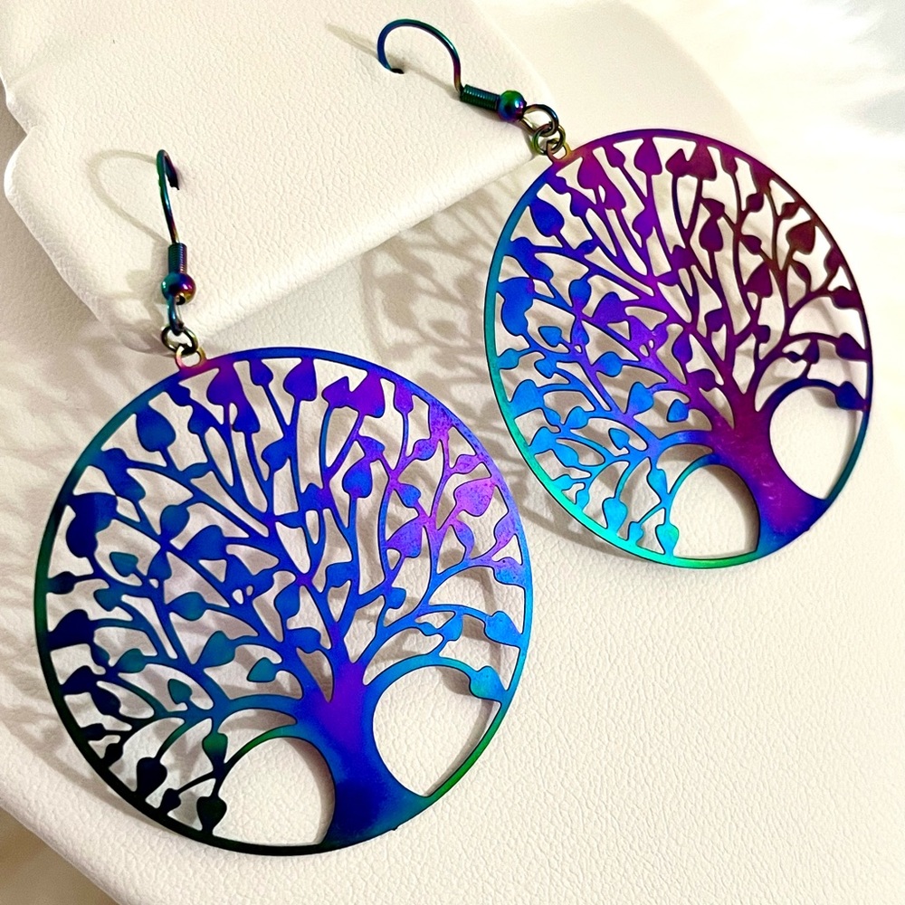 NWT Tree of Life Handmade Holographic Rainbow Earrings - Picture 3 of 5